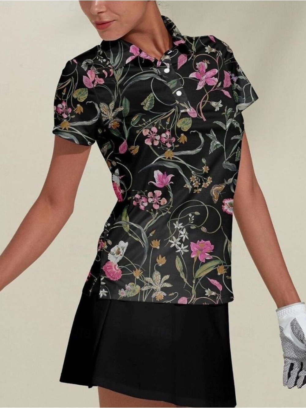 Women's Black Floral Short Sleeve Polo Tee